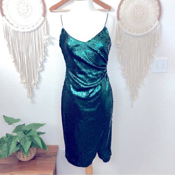 Black halo emerald green sequin holiday party knee length dress size 8 NEW - Picture 1 of 7